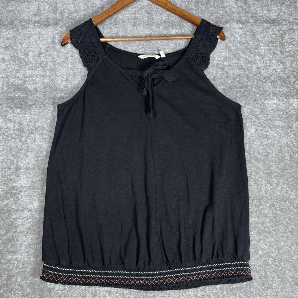 Soft Surroundings Tank Top Women's Large Black Eyelet Straps Tie Front Gathered